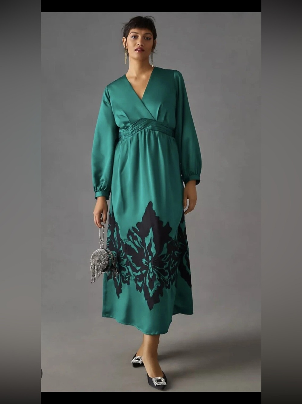 NIKASHA Anthro Green Satin Embroidered Empire Maxi Dress NWT $290 summer party